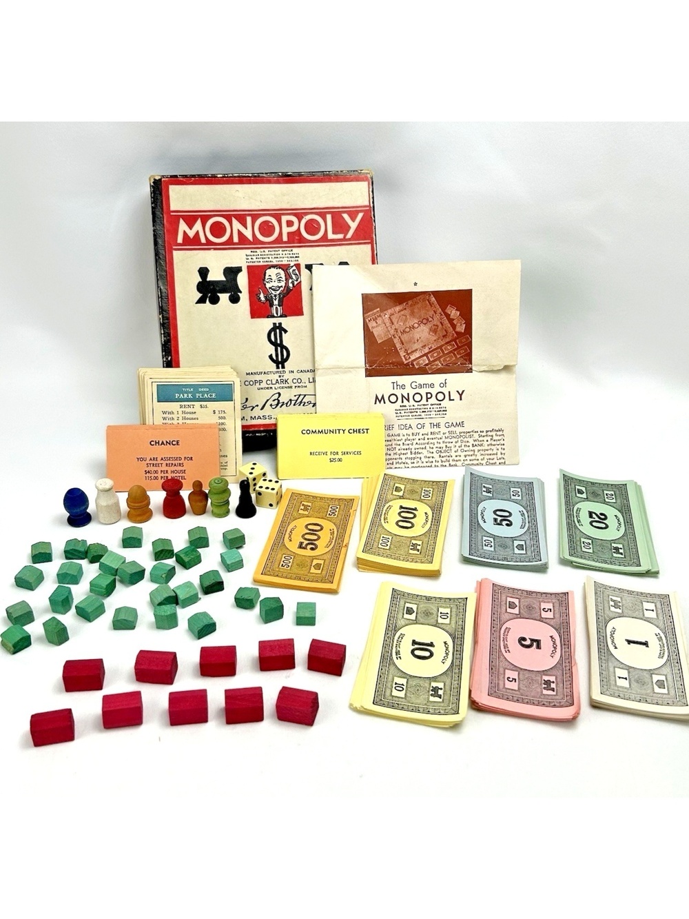 Vintage Monopoly 1936 Pieces Wooden Houses Hotels Cards Copp Clark No Board
